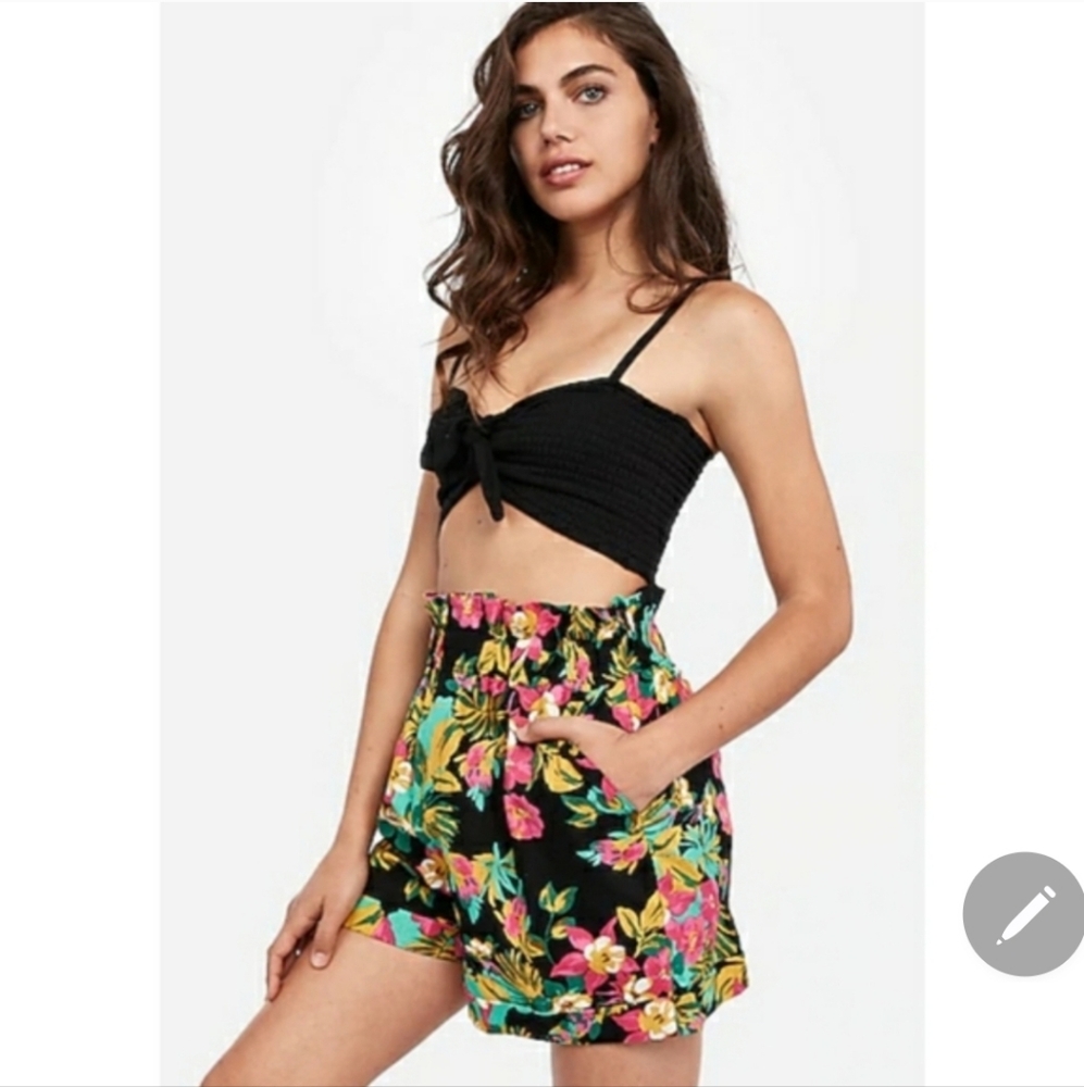 Express X Rocky Barnes High Waisted Linen Cotton Floral Shorts